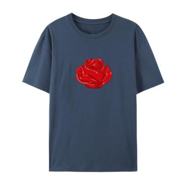 Imagem de Camiseta com estampa rosa rosa para homens e mulheres para o amor, Azul marinho, PP