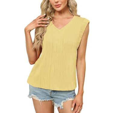 Imagem de Regatas de verão femininas com gola V texturizada, manga cavada, cor sólida, camiseta folgada para sair, Amarelo, G