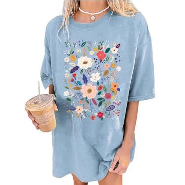 Imagem de Camiseta feminina floral de grandes dimensões com estampa inspiradora flores e plantas, Azul claro, M