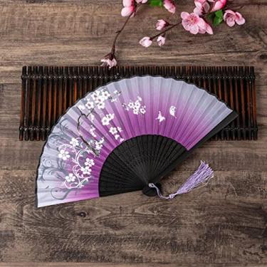 Imagem de YQHWLKJ Ventilador dobrável estilo chinês vintage, ventiladores de mão de pano de bambu, decoração de casa, presentes de casamento, festa de dança, ventiladores portáteis