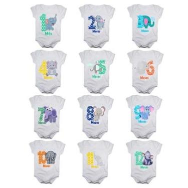 Imagem de Kit 12 Body Bebê Calupa Mesversario Manga Curta Elefantinhos 1 A 12 Meses-Unissex