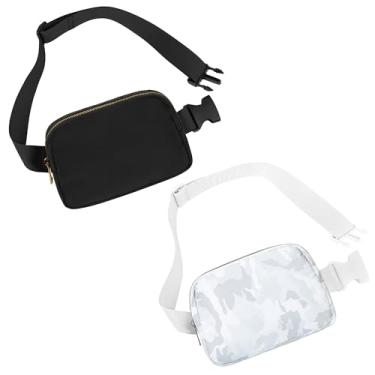 Imagem de Frenou Bolsa de cinto de cintura moda pochete feminina e masculina presente pacote de cintura com alça ajustável para viagem, corrida, caminhada e caminhada, Preto + camuflagem branca, Pacote com 2