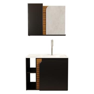 Imagem de Gabinete Banheiro Lotus com 2 portas Espelheira e Cuba Preto Fosco/ripa 3d