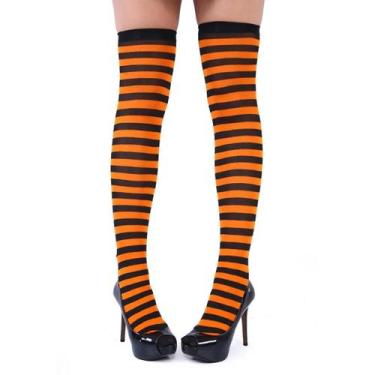 Imagem de Meia Calça Listrada 7/8 Laranja Bruxa Fantasia Halloween - Bela Import