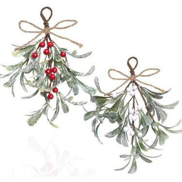 Imagem de Teircno 2 peças de decoração de visco de Natal, ornamento de visco artificial, decorações para pendurar visco, acessórios de árvore de Natal com glitter, decoração de folha seca, decoração para porta