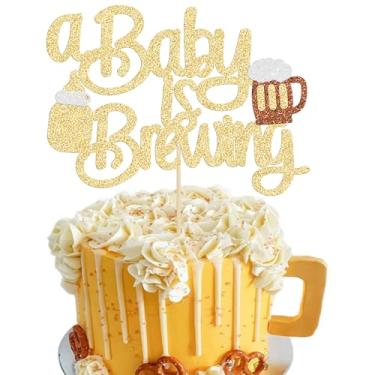 Imagem de 1 pacote de topo de bolo Baby Is Brewing Baby Is Brewing Baby Shower Toppers Cupcake Toppers Beer Cupcake Toppers para decoração de chá de bebê cerveja decoração revelação de gênero de bebê