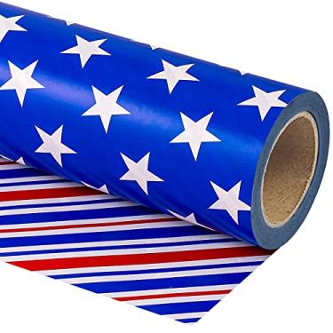 Imagem de WRAPAHOLIC Papel de embrulho reversível de 4 de julho - Mini rolo - 45 cm x 93 pés - listras azuis vermelhas e brancas e design de estrela, perfeito para Memorial Day, feriado, festa