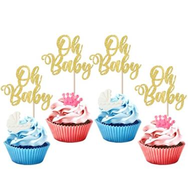Imagem de 24 Pack Oh Baby Cupcake Toppers Glitte Baby shower Cupcake Picks for Gender Reveal Baby Shower Boys Girls Kids Birthday Theme Party Cake Decorations Supplies Gold
