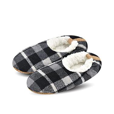 Imagem de DICUIRD Meias masculinas de sola macia com garras, chinelos aconchegantes e quentes com forro de lã de ovelha com parte inferior antiderrapante, chinelos felpudos para casa, Treliça preta, 7-9.5