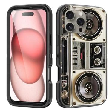 Imagem de BFUKVOU Capa para iPhone 16 Pro Max com suporte embutido, à prova de choque/poeira/queda, 3 camadas, capa protetora de grau militar para iPhone 16 Pro Max de 6,9 polegadas 2024, Boombox vintage dos