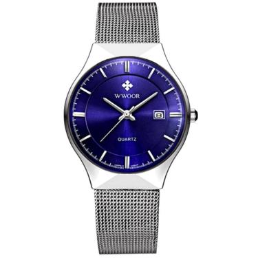Imagem de Relógio Masculino Ultra Fino De Quartzo Minimalista Pulseira De Malha Impermeável Azul