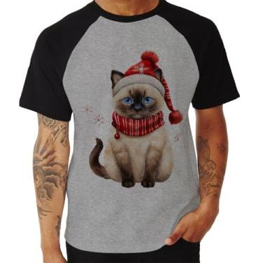 Imagem de Camiseta Raglan Gato Natalino Gorro e Cachecol - Foca na Moda, Cinza, 