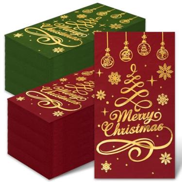 Imagem de Whaline Guardanapo de papel de convidado Feliz Natal vermelho verde folha de ouro 3 camadas guardanapo descartável árvore de Natal jantar toalha de guardanapo de mão para suprimentos de festa de