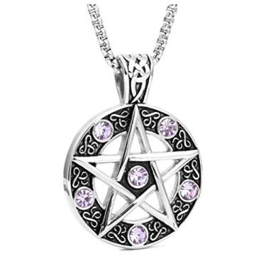 Imagem de Blowin Pingente de estanho gótico bruxa wicca pagã pentagrama pentagrama estrela roxa + colar de 59 cm
