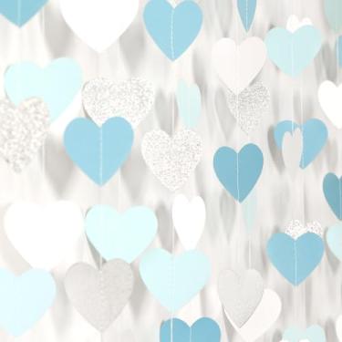 Imagem de Lasting Surprise guirlanda de coração para decoração de festa, azul claro, branco e prata - flâmulas de aniversário para chá de bebê de 52 pés, formatura, despedida de solteira, decoração de