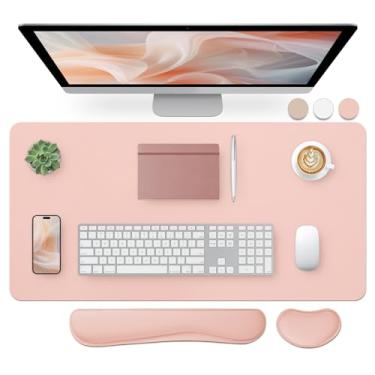 Imagem de Bloss Almofada de mesa de couro e descanso de pulso para teclado, mouse pad grande + teclado + suporte de pulso para mouse, protetor de mesa antiderrapante para escritório, casa (70 × 40 cm, rosa)