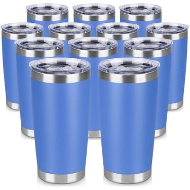 Imagem de VQRRCKI Copo de aço inoxidável de 590 ml a granel com tampa Copos de café com isolamento de parede dupla para bebidas quentes e frias, caneca de café de viagem revestida com pó fosco (azul, pacote com