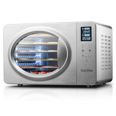 Imagem de Septree Desidratador de alimentos retrô prateado - 6 bandejas de aço inoxidável, controle de temperatura digital máximo de 88°C, luz embutida, máquina de secagem eficiente de 500 W para carne seca
