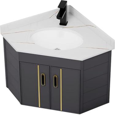 Imagem de Armário de banheiro montado na parede com conjunto de pia pia de canto flutuante, armário de armazenamento de banheiro moderno com torneira quente e fria, para espaços pequenos preto/branco/cinza,