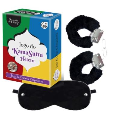 Imagem de Kit Jogo Kama Sutra Hétero Raspadinha Dados + Algema Sexual Metal Pelúcia + Venda Tapa Olhos