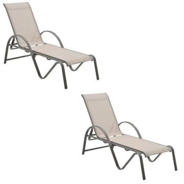 Imagem de Kit 2 Espreguiçadeiras Chaise Outdoor Búzios Amêndoa Tela Bege e Grafi