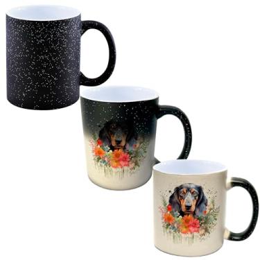 Imagem de Caneca Magica Porcelana Glitter Muda de Cor - 325ml - CACHORRO DACHSHUND PRETO E MARROM FLORES