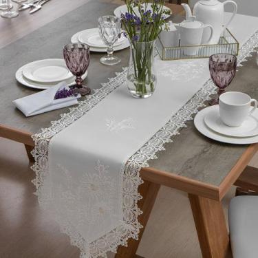 Imagem de Caminho de Mesa Floral Bordado Orlando Branco 180cm Jolitex
