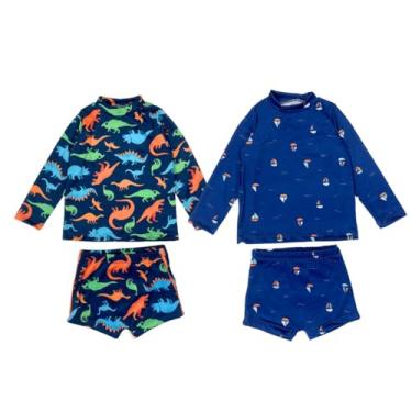Imagem de Kit 2 Conjuntos Praia Menino Blusa + Sunga Proteção Solar Uv (BR, Numérico, 4, Padrão, M76- Dino Color Fundo Marinho + M77- Barcos Marinho)