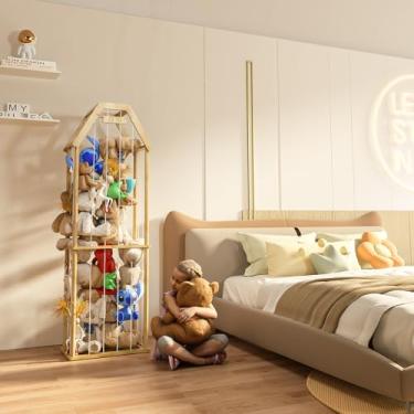 Imagem de DOCUYAY Organizador de brinquedos de madeira para animais de pelúcia para armazenamento de animais de pelúcia para animais de pelúcia, gaiola de armazenamento de brinquedos, cesta de armazenamento