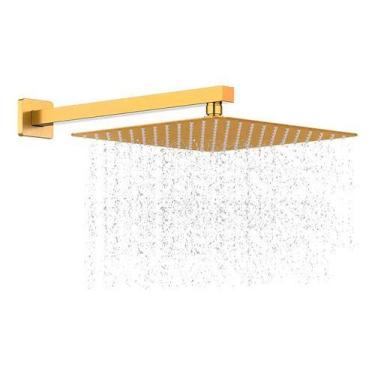 Imagem de Chuveiro Dourado Gás Solar 30x30cm Braço 38cm Slim Ducha - Fine Metais
