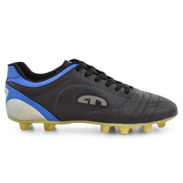 Imagem de Chuteira EGM Masculina em Couro Flex Trava Fixa Preta e Azul, 38, Pret