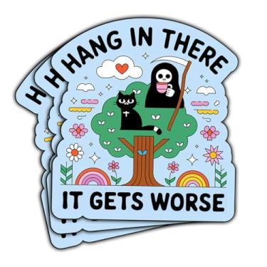 Imagem de 3 peças de adesivos Hang in There It Gets Worse, adesivo engraçado de humor sombrio gato ceifador para laptop, garrafa de água, telefone, carro, janela, capacete, presente estético gótico, 7,6 cm