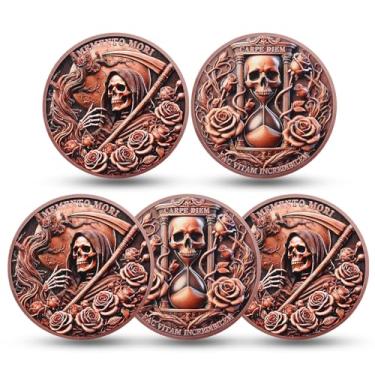 Imagem de RYUKENLM Pacote com 5 Moedas Memento Mori 3D Skull Challenge Coins Stoic Reminder Token Inspiring Stoicism Gifts for Daily Practice EDC Carpe Diem Coins