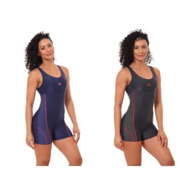 Imagem de Kit 2 Maiô Macaquinho Natação e Hidro Feminino Forrado Liso (1 Marinho/Pink / 1 Grafite/Pitanga, XGG)