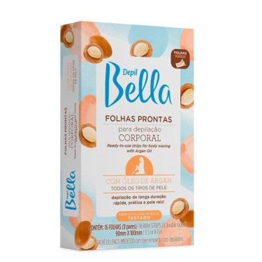 Imagem de Folhas Prontas Para Depilação Corporal Pernas Braços Depil Bella Argan 16 Unidades