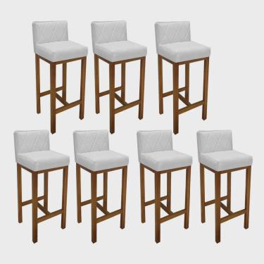 Imagem de Kit 07 Banqueta Alta Com Encosto Loren Cozinha Balcão Bistrô Base Madeira Castanho Corino Branco - Ahz Móveis