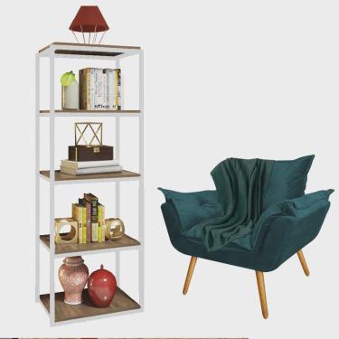 Imagem de Kit Poltrona Fatte com Manta Soft Verde e Estante Livreiro Ferro Branco mdf Caramelo Suede Azul Turquesa - Ahz Móveis
