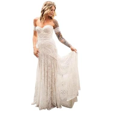 Imagem de Vestidos de casamento femininos boho sereia com faixas destacáveis no braço decote coração vestidos de baile nupcial plus size, Branco, 19