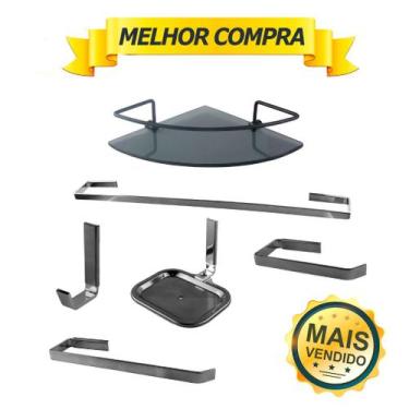 Imagem de Kit Acessórios Para Banheiro Quadrado Aço Inox 6 Peças Com Porta Shamp