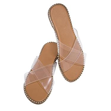Imagem de JeimPoey Sandálias Femininas Abertas, Rasteiras, Com Tachas, Tiras Cruzadas, Chinelo De Verão
