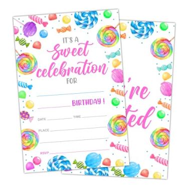 Imagem de ltazhyi Candyland Cartão de convite de festa de aniversário para crianças, convite de aniversário de doces doces para meninas e meninos, conjunto de 20 cartões e 20 envelopes, suprimentos de festa de