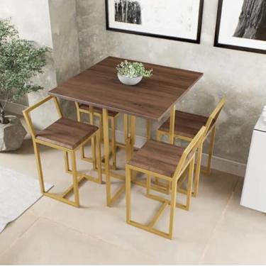 Imagem de Conjunto Mesa 4 Cadeiras Pequena Imbuia Industrial Dourado