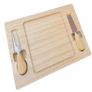Imagem de Tábua de Queijos e Frios com Talheres, 29,5 x 19 cm, Bambu Natural, Kit Completo com Garfo e Faca em Inox