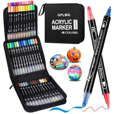 Imagem de Canetas de tinta acrílica de 48 cores, canetas de ponta dupla com ponta fina e ponta redonda para pedra, madeira, tela, pintura rupestre, vidro, cerâmica, artesanato faça você mesmo materiais de arte