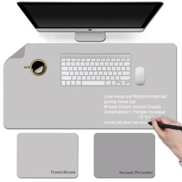 Imagem de Tapete de mesa apagável para escrever (frontal), mouse pad grande de couro de silicone e PVC, tapete de mesa, bloco de notas, quadro branco apagável, com mousepad cinza portátil de 20 x 24 cm, dois