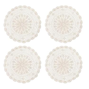Imagem de Doilies para mesas, 4 peças, toalhas de crochê bege de 30 cm, vintage, redondo, feito à mão, toalha de mesa de malha, borda ondulada para cozinha, sala de jantar, casamento, festa de chá, decoração de