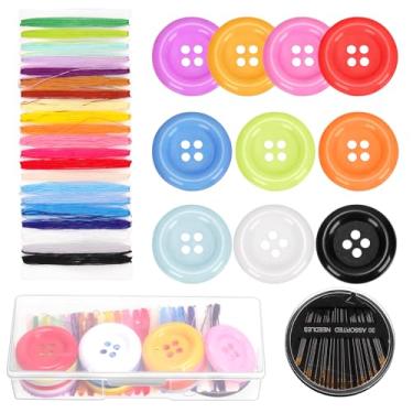 Imagem de Swpeet 22 Peças De Botões Redondos Resina Mistos 2" (48 Mm), 10 Cores, Com 21 Linhas Bordado E Agulhas Costura, Kit 4 Furos, Botão Traseiro Plano Para Decoração Artesanato Faça Você Mesmo Em Roupas