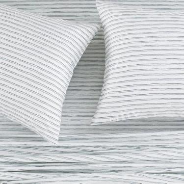 Imagem de DAUAOTO Conjunto de lençóis estampados, tamanho casal 100% algodão. Colchão de profundidade de até 35,5 cm, conjunto de roupa de cama com padrão listrado pintado à mão, listras azuis