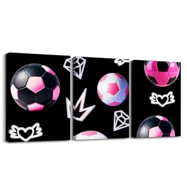 Imagem de Feelyou 3 peças de arte de parede em tela de futebol preto e rosa futebol escritório arte de parede pôsteres jogos esportivos imagens banheiro quarto sala de jantar esportes pintura de parede