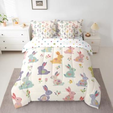 Imagem de Manfei Jogo de cama solteiro com estampa de coelhinho kawaii, 7 peças, tema de Páscoa, lençol com elástico, lençol de cima e fronhas, decoração de quarto de crianças